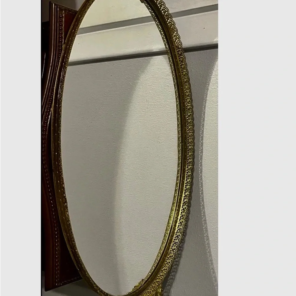 Vtg Gold Ornate Mirror Vanity Tray W/Cherubs & Lg Two Yellow Jewels Velvet Back